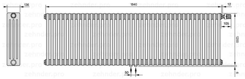 Схема (чертеж) Радиатор Zehnder Charleston 4120/40 №V008 Белый глянцевый RAL 9016